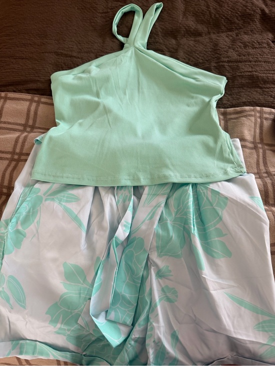 SHEIN Dresses & Skirts - SHEIN Mint Floral A-Line Skirt Set with One-Shoulder Crop Top